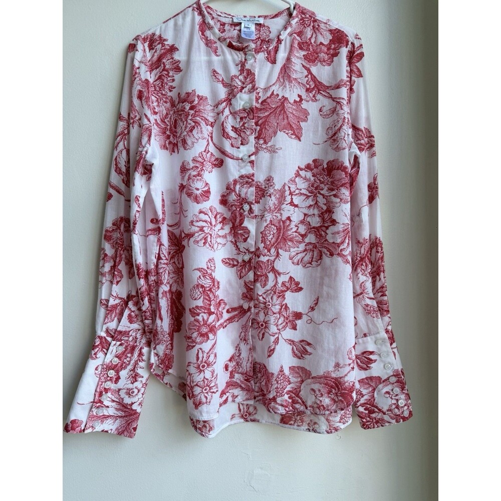 Oscar de la Renta Toile Print Cotton Blouse Shirt White Orange Women’s Size 12
